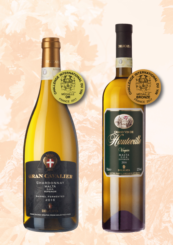 Delicata’s Gran Cavalier Chardonnay 2016 (left) and the Grand Vin de Hauteville Viognier 2016; winners of gold and bronze medals respectively.